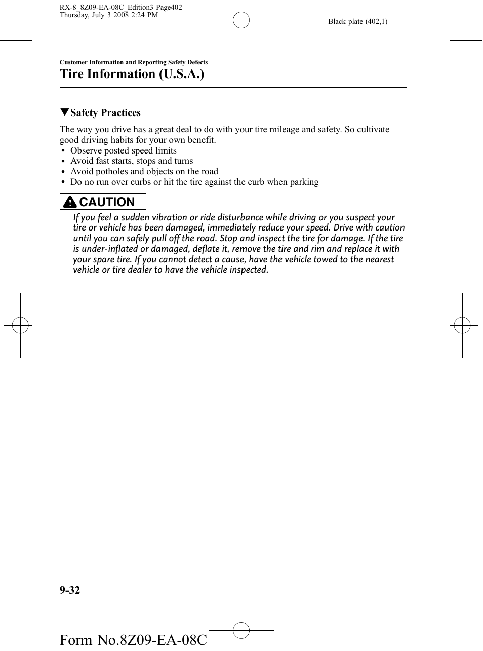 Tire information (u.s.a.), Caution | Mazda 2009 RX-8 User Manual | Page 402 / 430