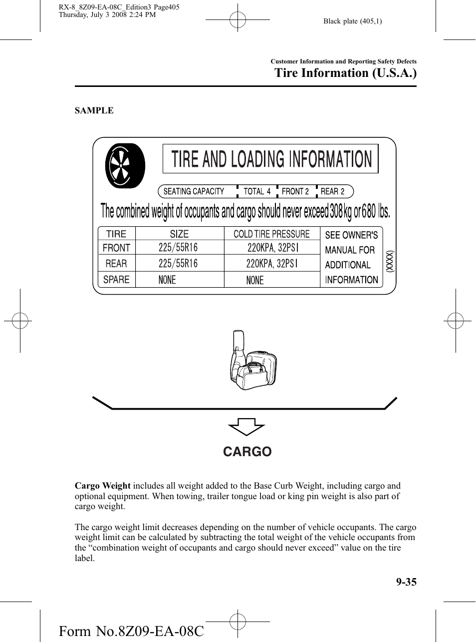 Cargo, Tire information (u.s.a.) | Mazda 2009 RX-8 User Manual | Page 405 / 430