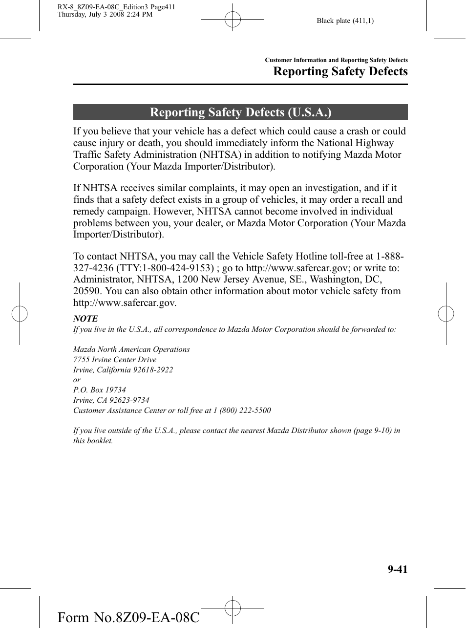 Reporting safety defects, Reporting safety defects (u.s.a.), Reporting safety defects -41 | Reporting safety defects (u.s.a.) -41 | Mazda 2009 RX-8 User Manual | Page 411 / 430
