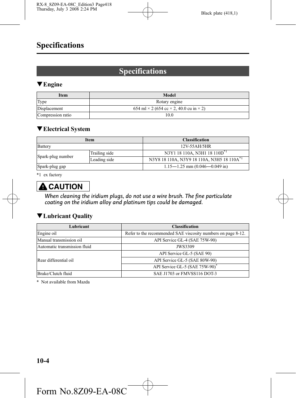 Specifications, Specifications -4, Caution | Qengine, Qelectrical system, Qlubricant quality | Mazda 2009 RX-8 User Manual | Page 418 / 430