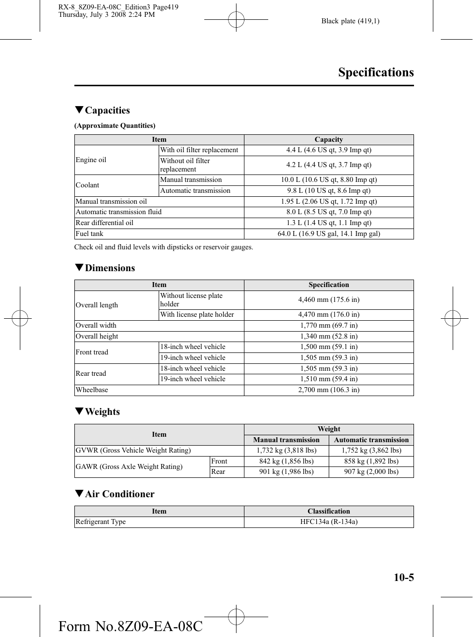 Specifications, Qcapacities, Qdimensions | Qweights, Qair conditioner | Mazda 2009 RX-8 User Manual | Page 419 / 430