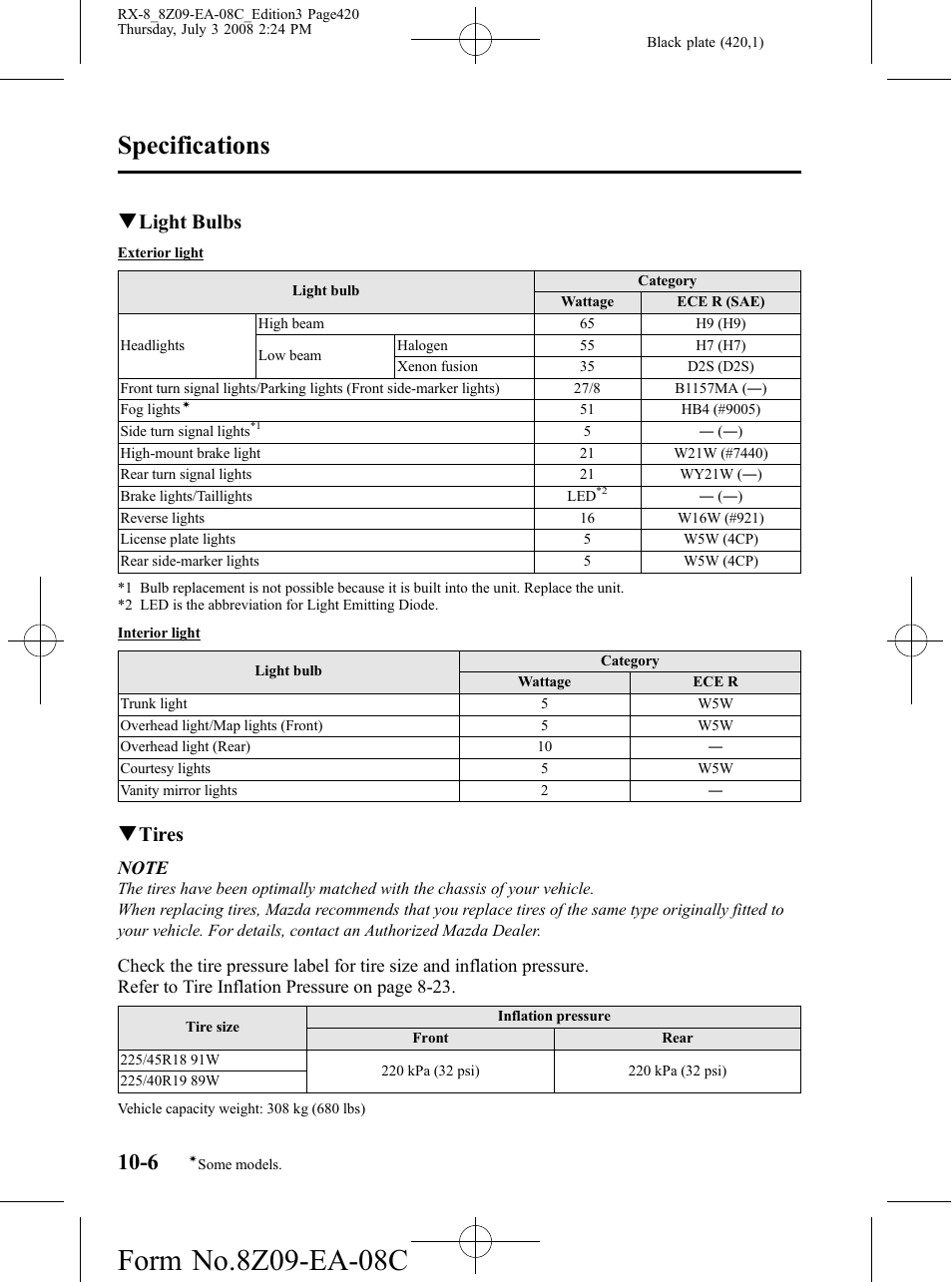 Specifications, Qlight bulbs, Qtires | Mazda 2009 RX-8 User Manual | Page 420 / 430