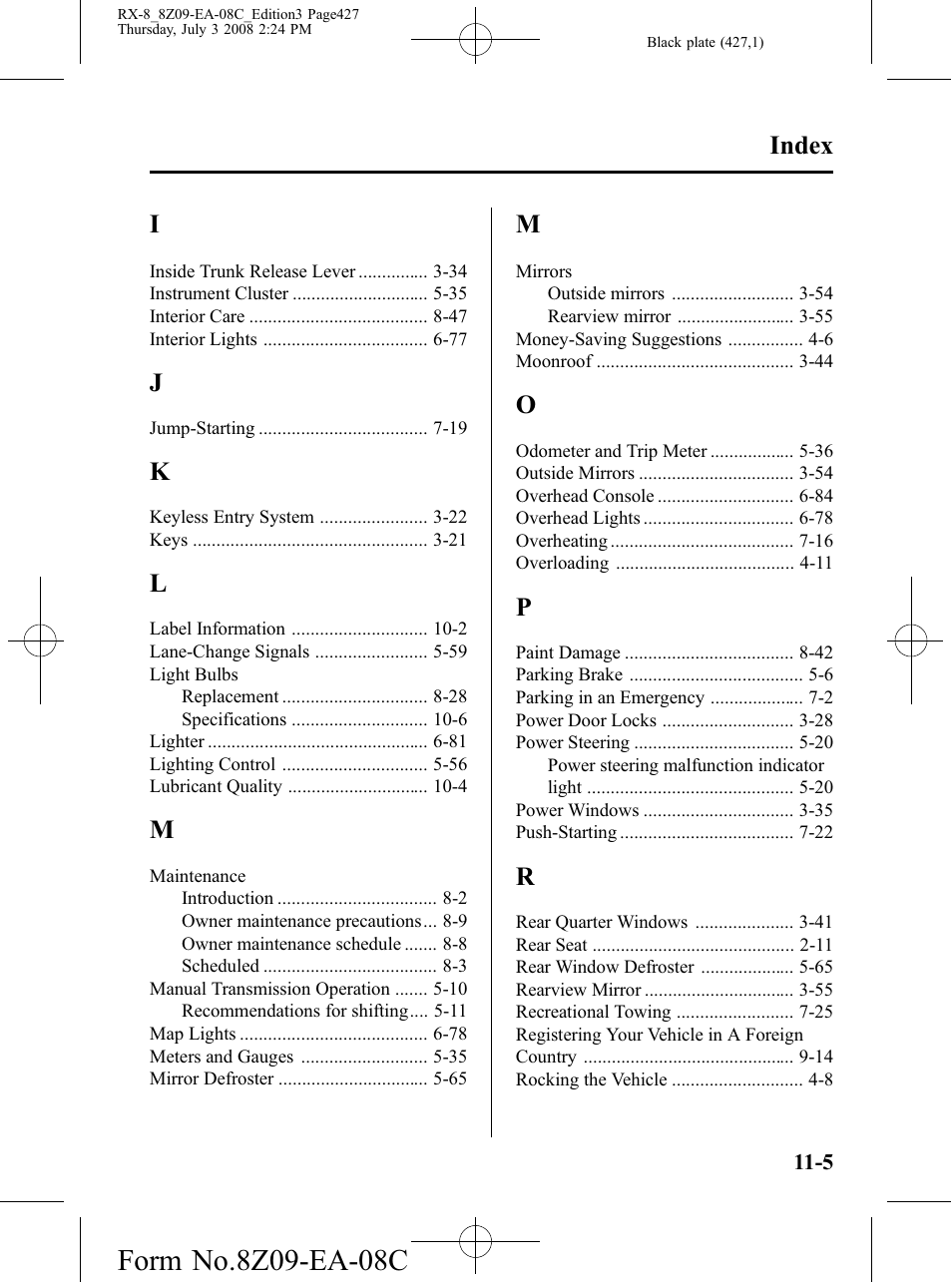 Index | Mazda 2009 RX-8 User Manual | Page 427 / 430