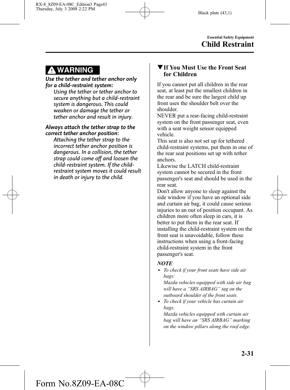 Child restraint, Warning | Mazda 2009 RX-8 User Manual | Page 43 / 430