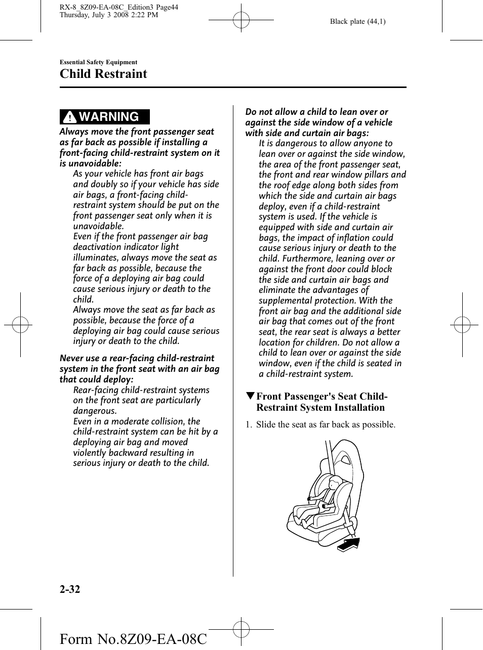 Child restraint, Warning | Mazda 2009 RX-8 User Manual | Page 44 / 430
