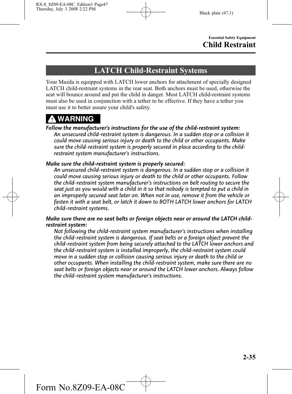 Latch child-restraint systems, Latch child-restraint systems -35, Child restraint | Warning | Mazda 2009 RX-8 User Manual | Page 47 / 430