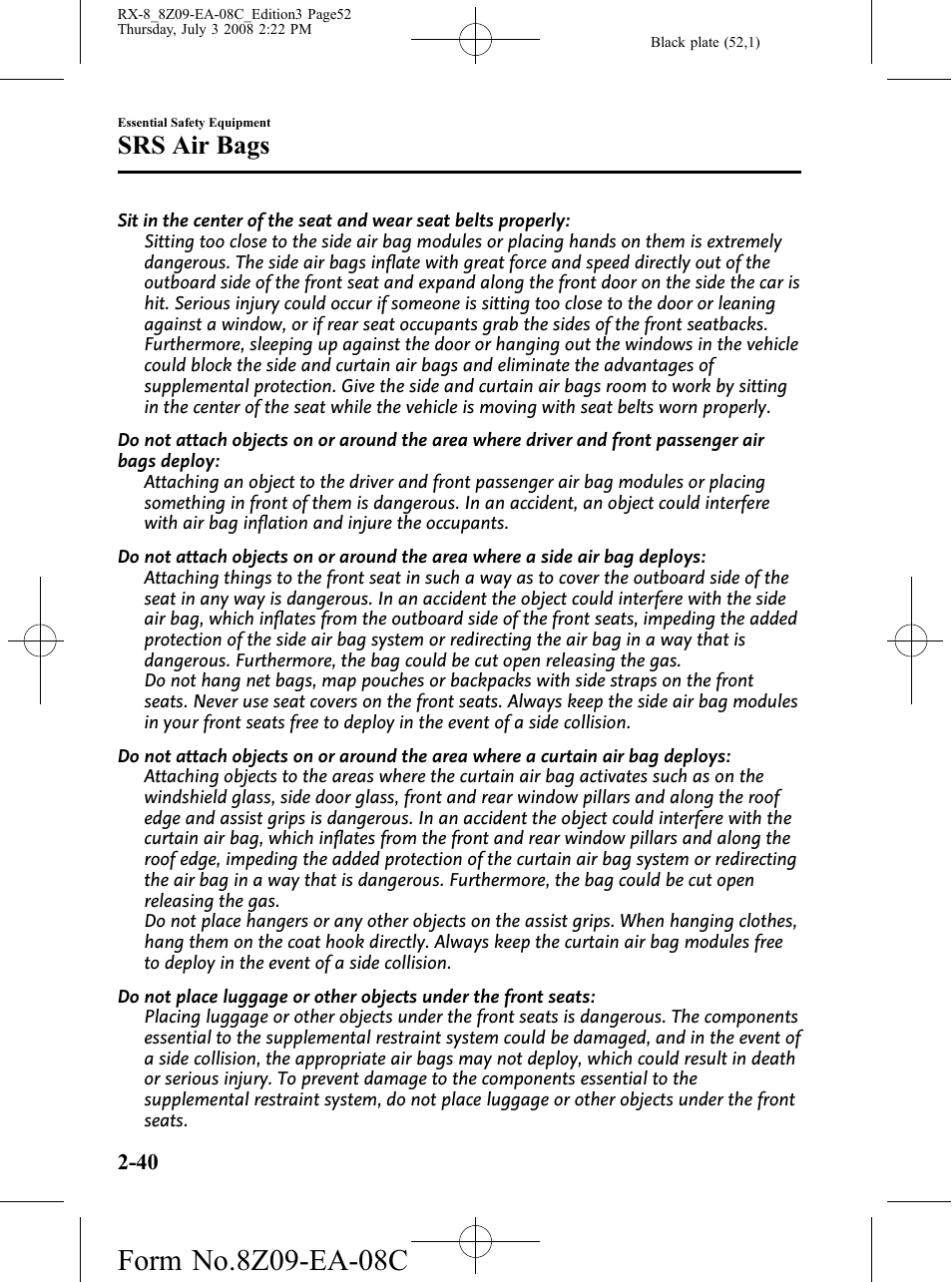 Srs air bags | Mazda 2009 RX-8 User Manual | Page 52 / 430