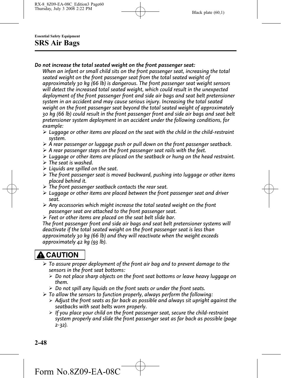 Srs air bags, Caution | Mazda 2009 RX-8 User Manual | Page 60 / 430