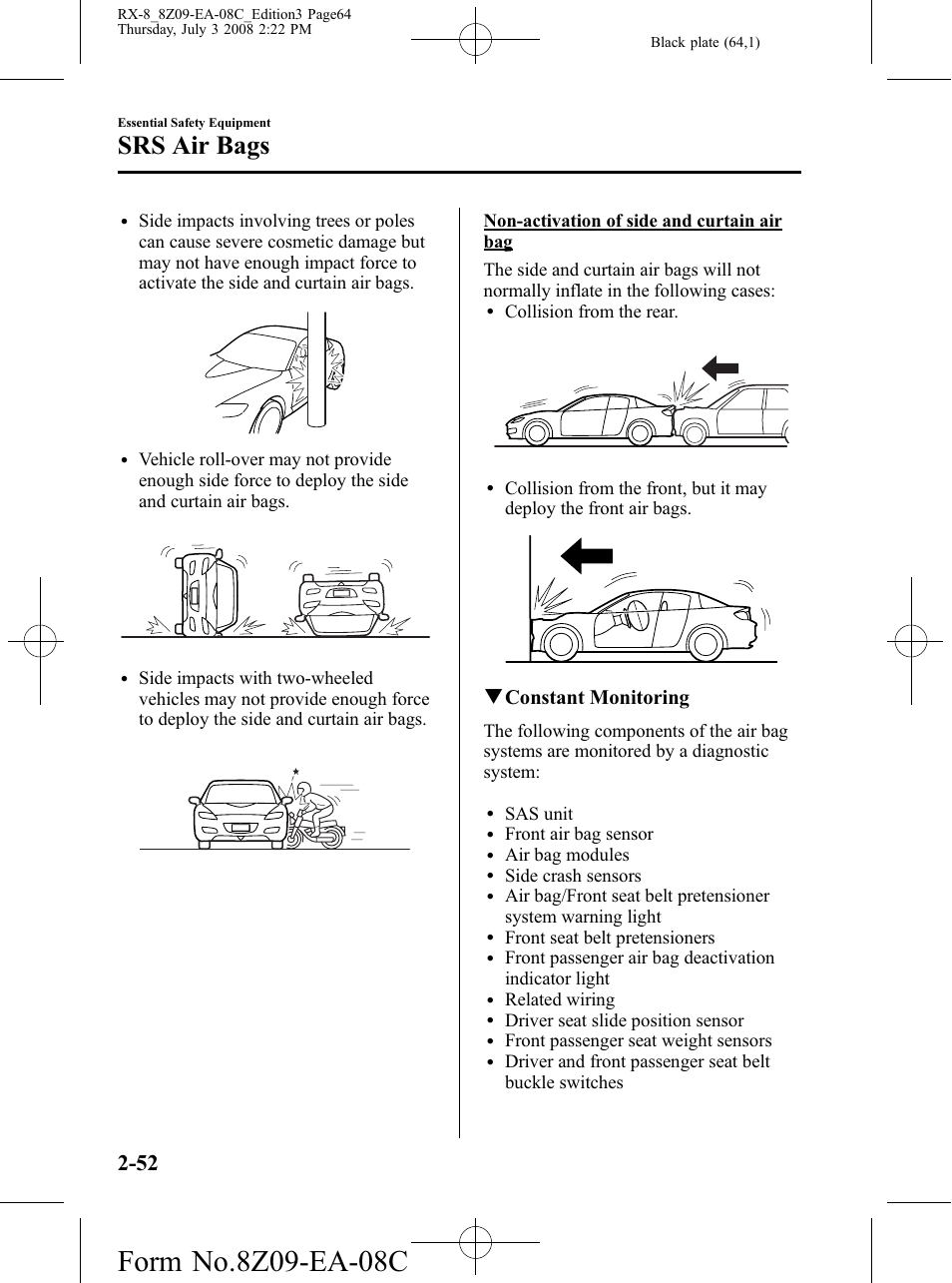 Srs air bags, Qconstant monitoring | Mazda 2009 RX-8 User Manual | Page 64 / 430