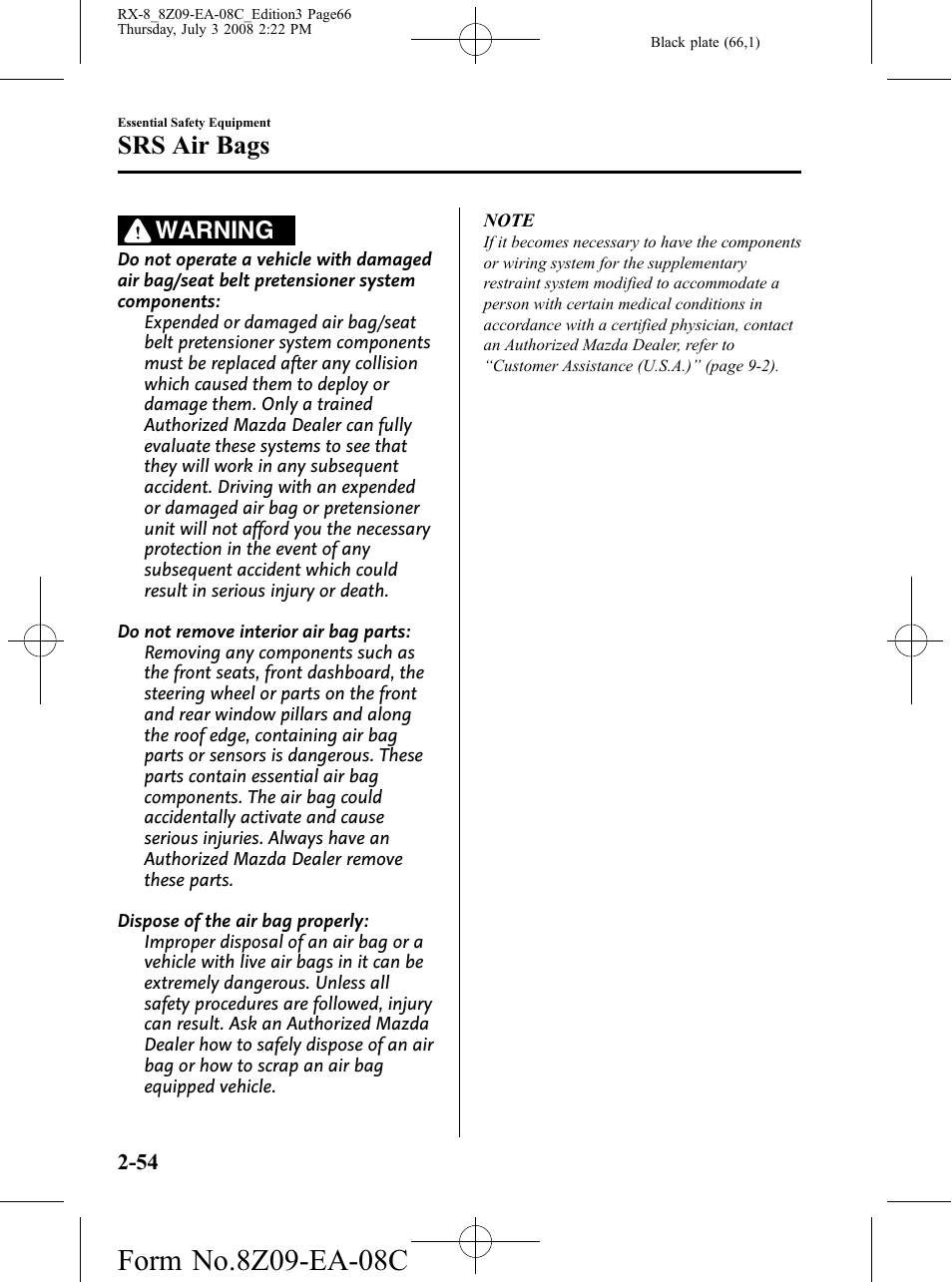Srs air bags, Warning | Mazda 2009 RX-8 User Manual | Page 66 / 430