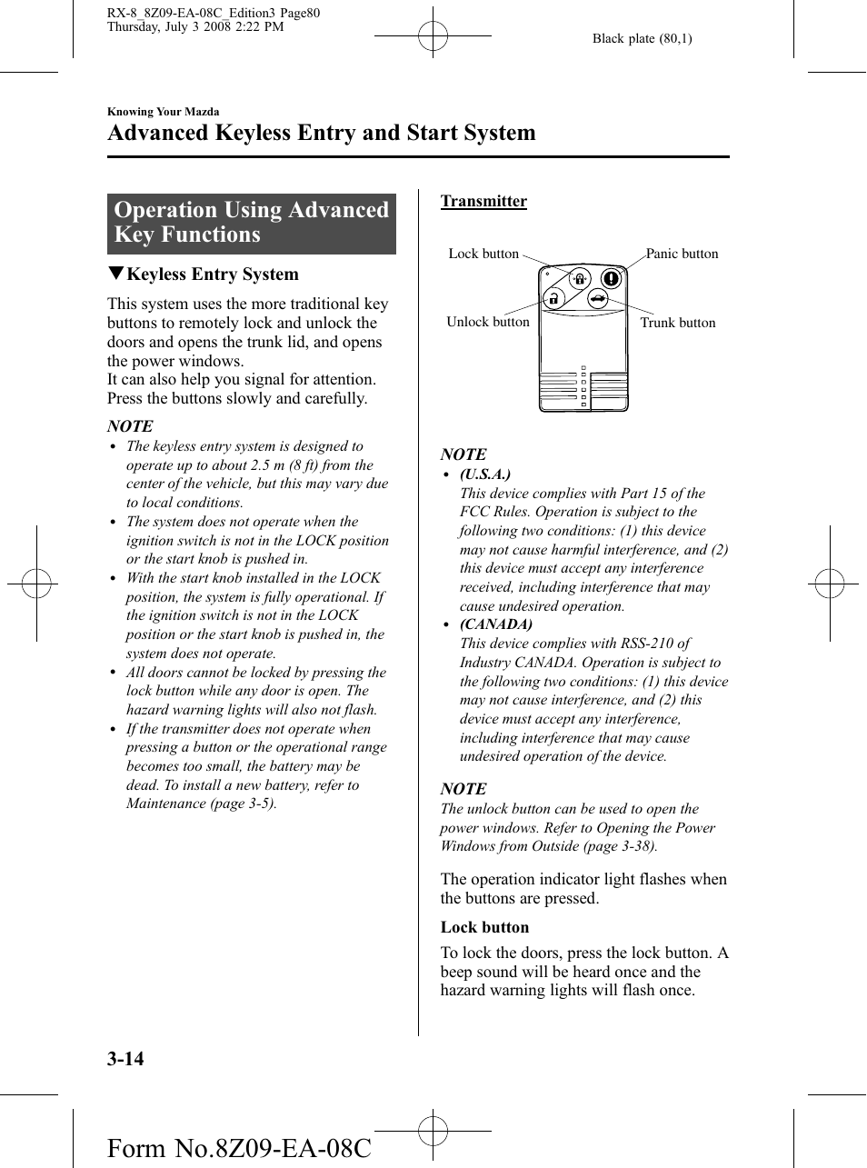 Operation using advanced key functions, Operation using advanced key functions -14, Advanced keyless entry and start system | Qkeyless entry system | Mazda 2009 RX-8 User Manual | Page 80 / 430