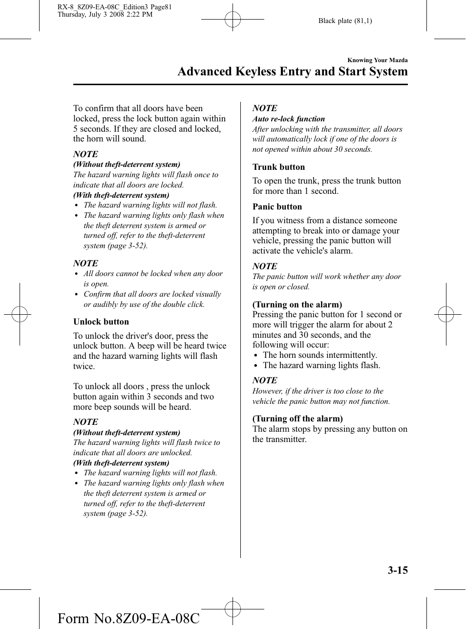 Advanced keyless entry and start system | Mazda 2009 RX-8 User Manual | Page 81 / 430