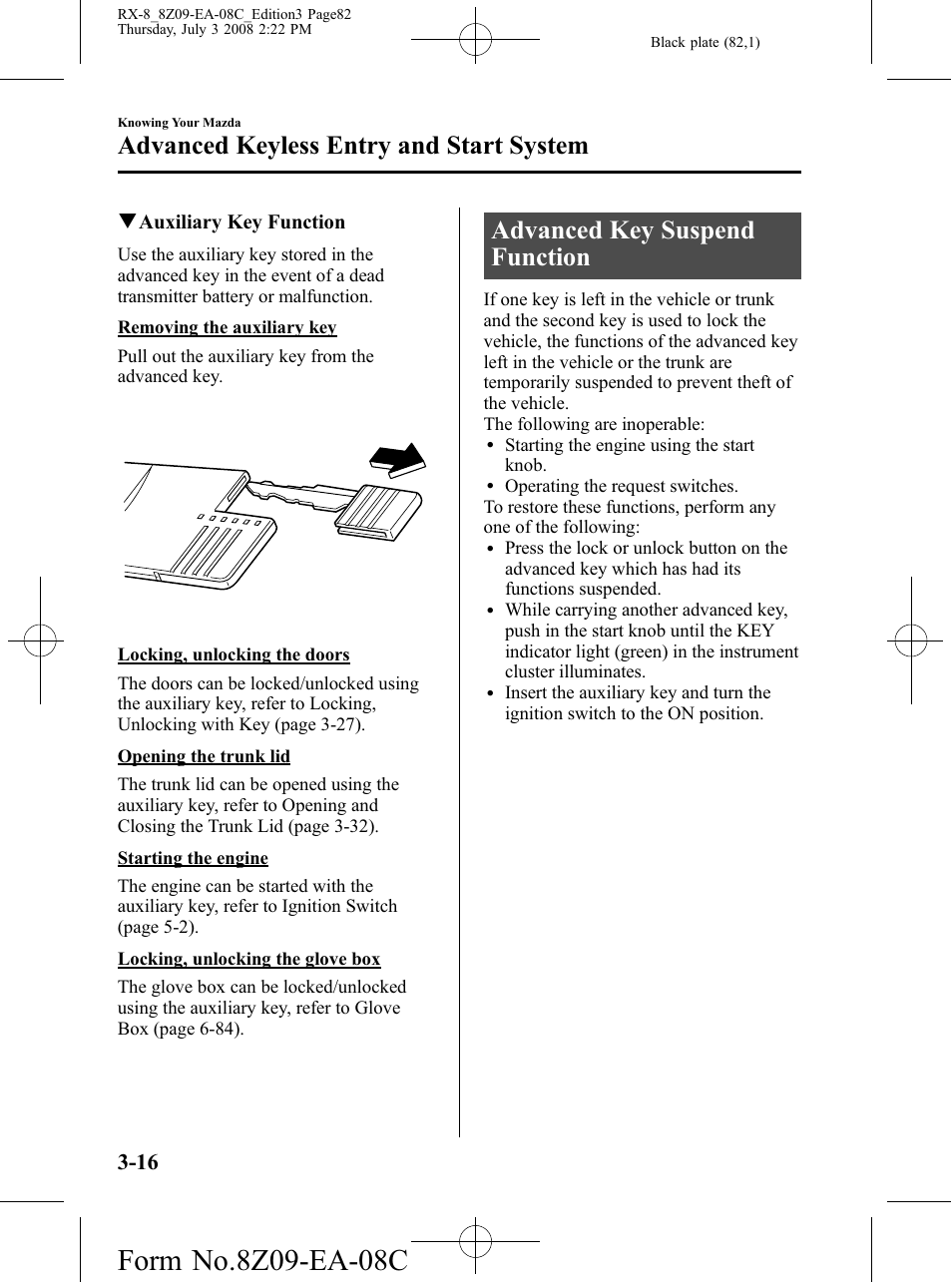 Advanced key suspend function, Advanced key suspend function -16, Advanced keyless entry and start system | Mazda 2009 RX-8 User Manual | Page 82 / 430
