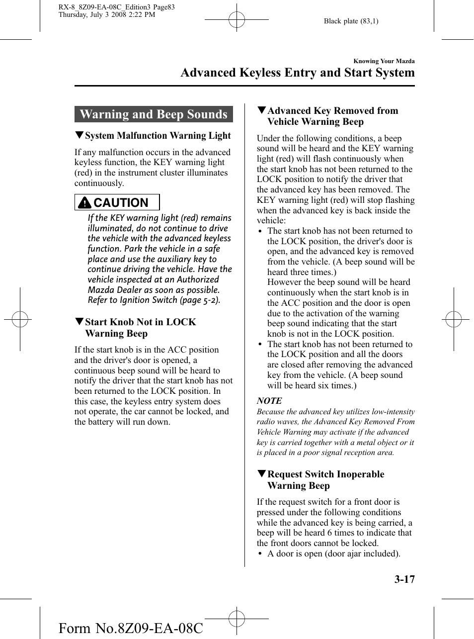 Warning and beep sounds, Warning and beep sounds -17, Advanced keyless entry and start system | Caution | Mazda 2009 RX-8 User Manual | Page 83 / 430