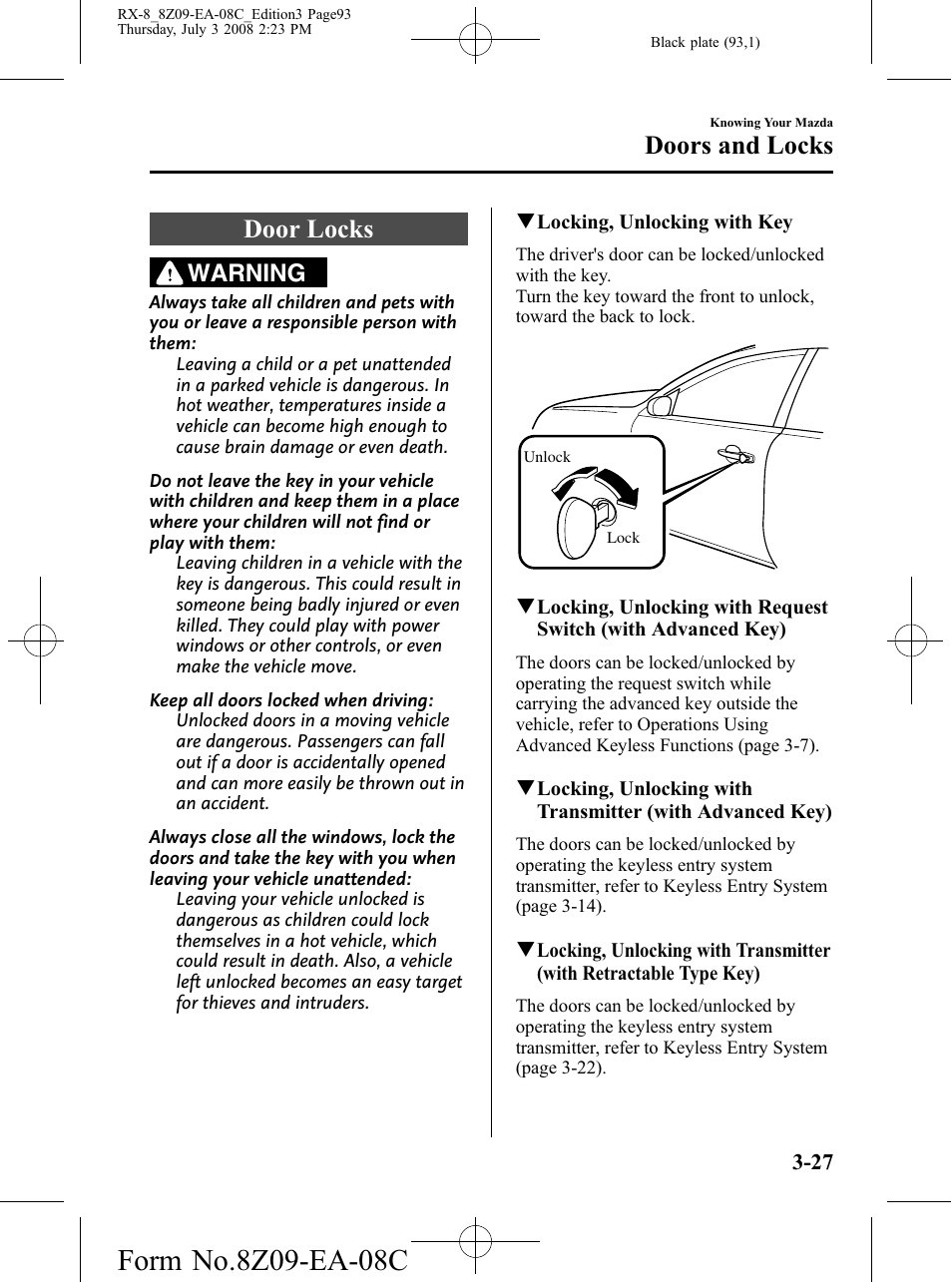 Door locks, Door locks -27, Doors and locks | Warning | Mazda 2009 RX-8 User Manual | Page 93 / 430