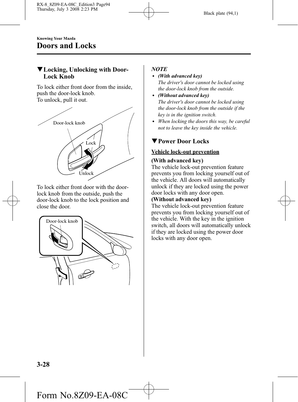 Doors and locks | Mazda 2009 RX-8 User Manual | Page 94 / 430