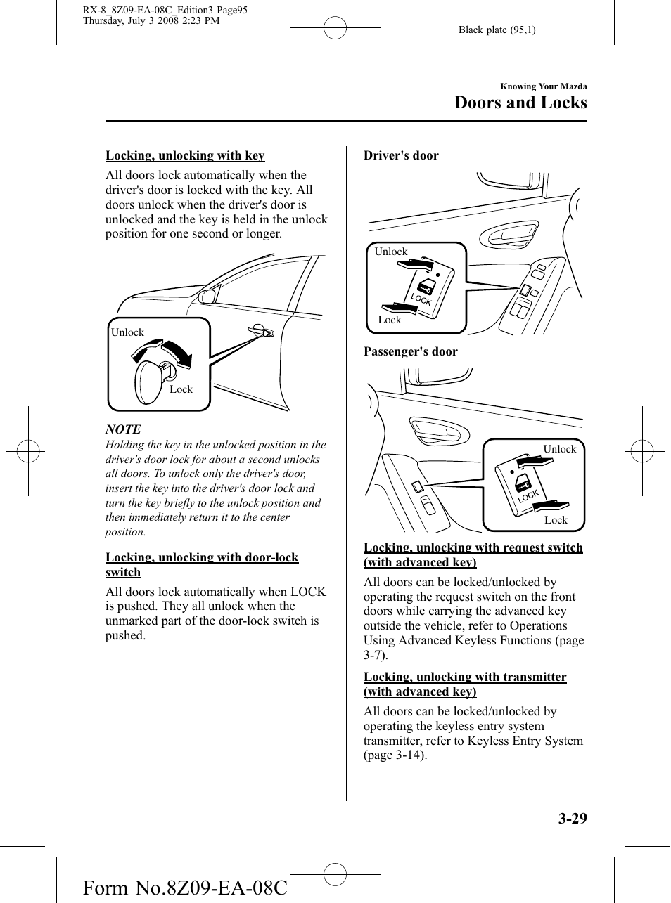 Doors and locks | Mazda 2009 RX-8 User Manual | Page 95 / 430