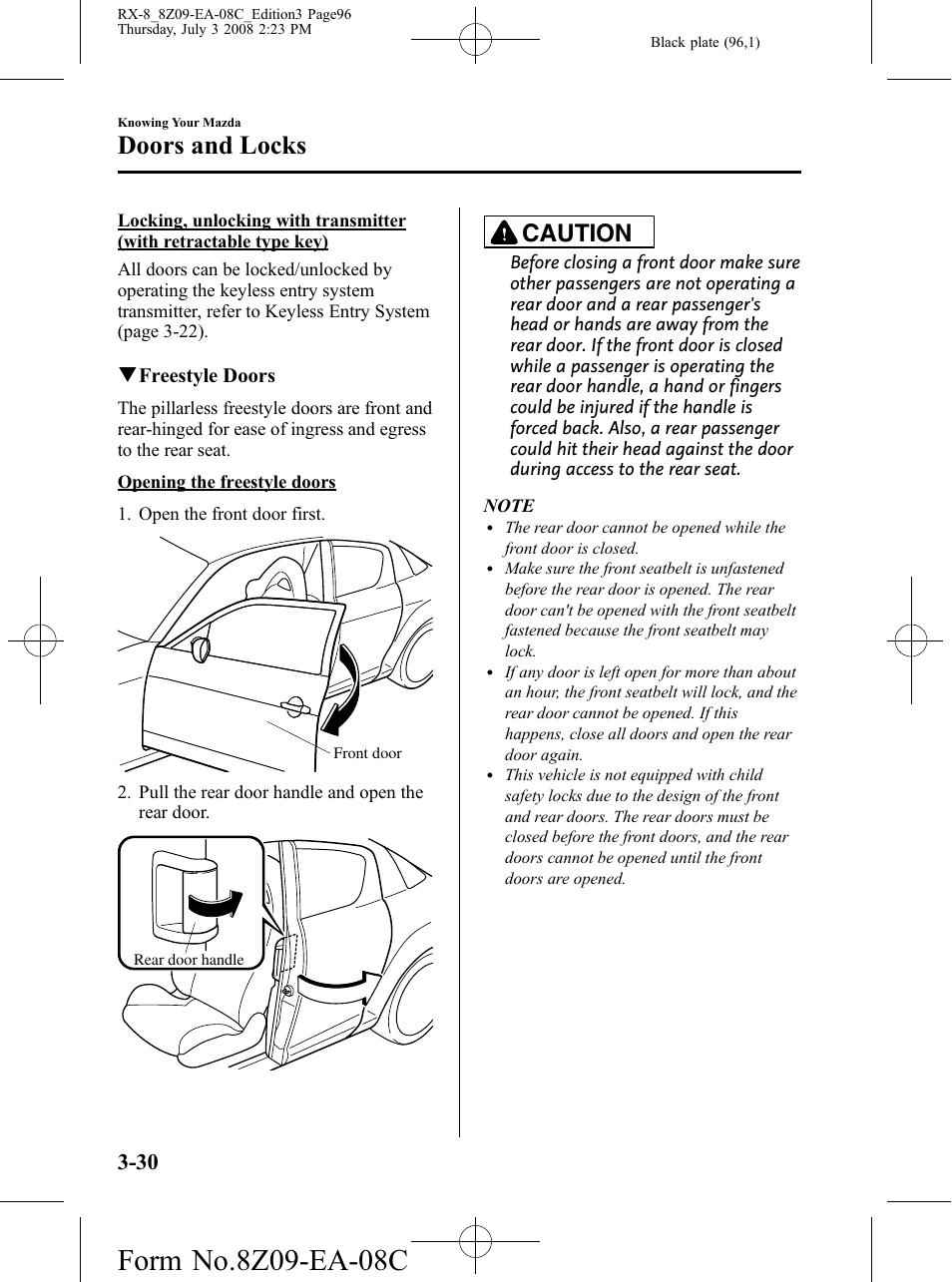 Doors and locks, Caution | Mazda 2009 RX-8 User Manual | Page 96 / 430