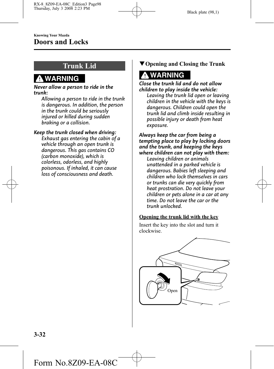 Trunk lid, Trunk lid -32, Doors and locks | Warning | Mazda 2009 RX-8 User Manual | Page 98 / 430