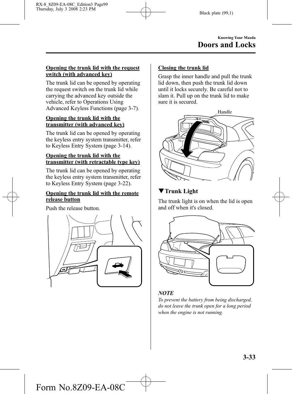 Doors and locks | Mazda 2009 RX-8 User Manual | Page 99 / 430