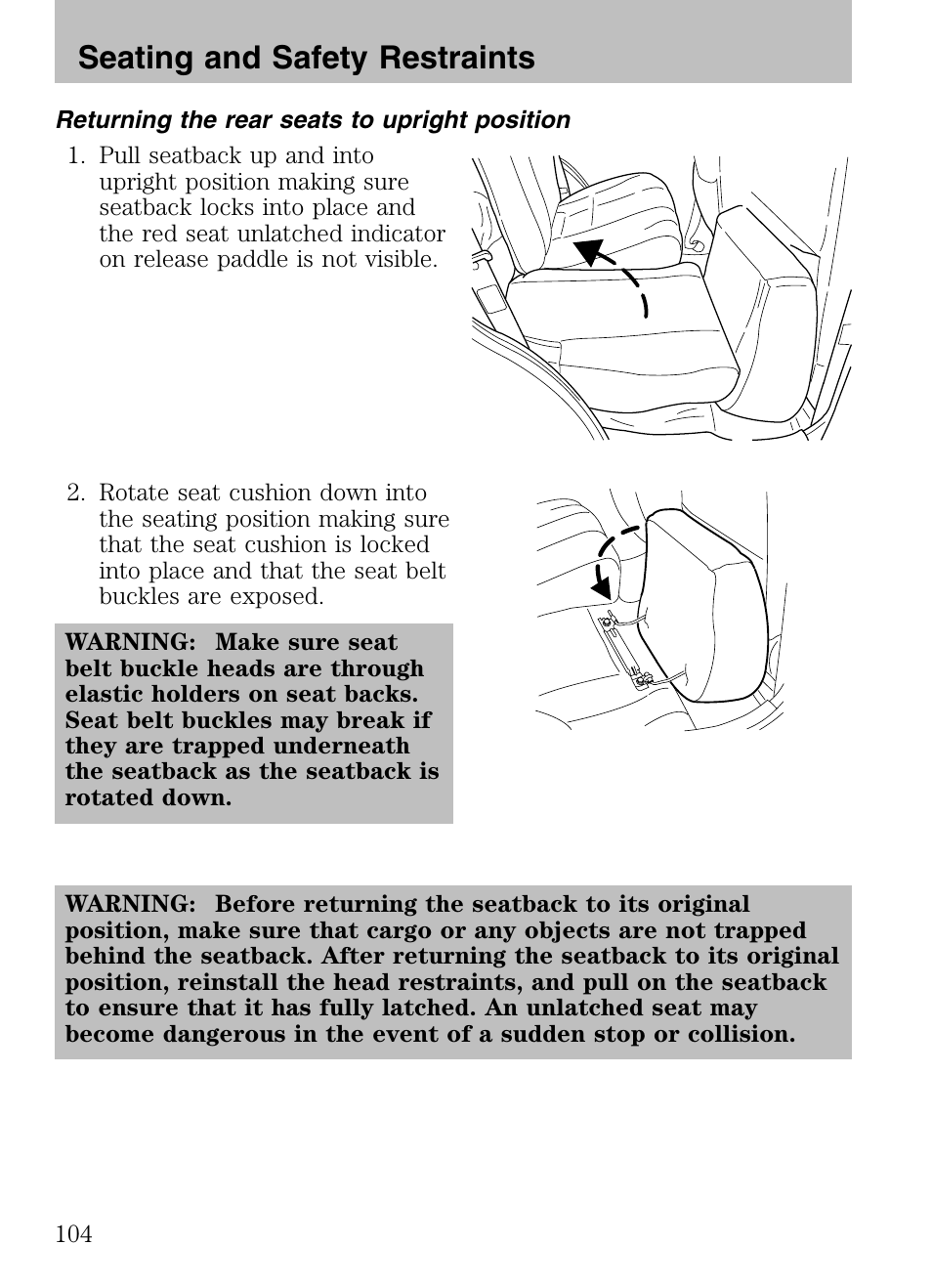 Returning the rear seats to upright position, Seating and safety restraints | Mazda 2008 Tribute HEV User Manual | Page 104 / 312