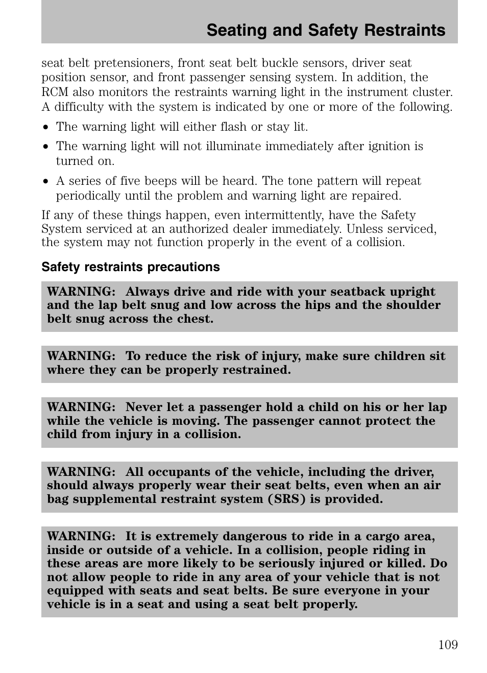 Safety restraints precautions, Seating and safety restraints | Mazda 2008 Tribute HEV User Manual | Page 109 / 312