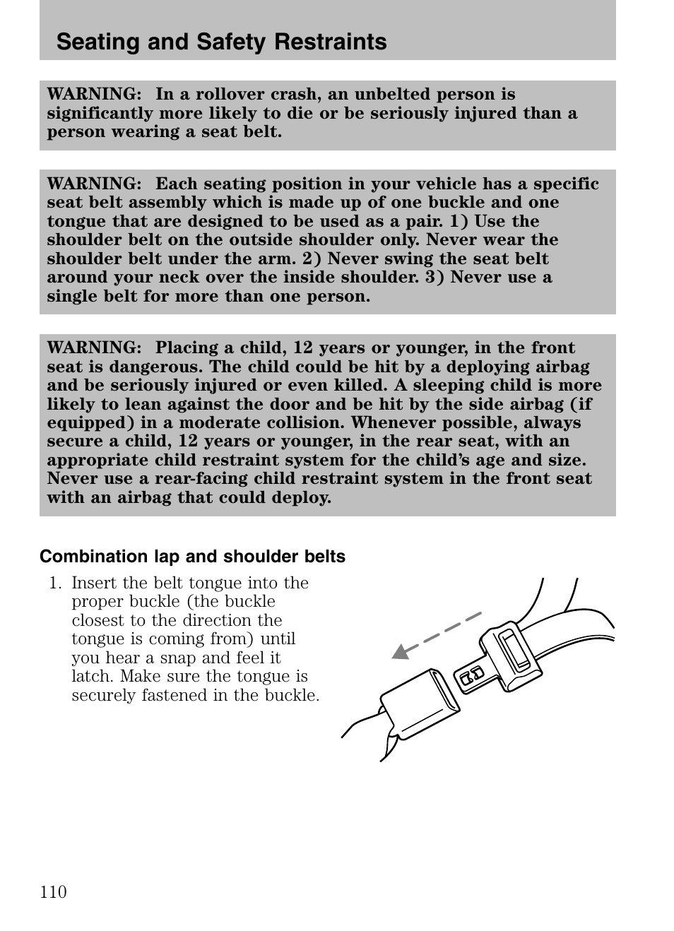 Combination lap and shoulder belts, Seating and safety restraints | Mazda 2008 Tribute HEV User Manual | Page 110 / 312