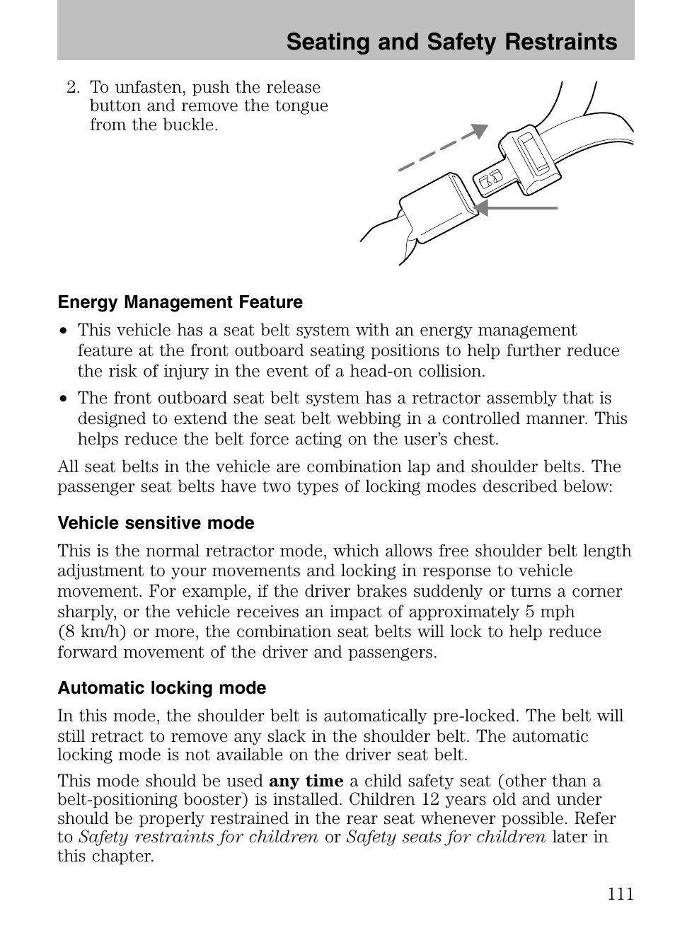 Energy management feature, Vehicle sensitive mode, Automatic locking mode | Seating and safety restraints | Mazda 2008 Tribute HEV User Manual | Page 111 / 312