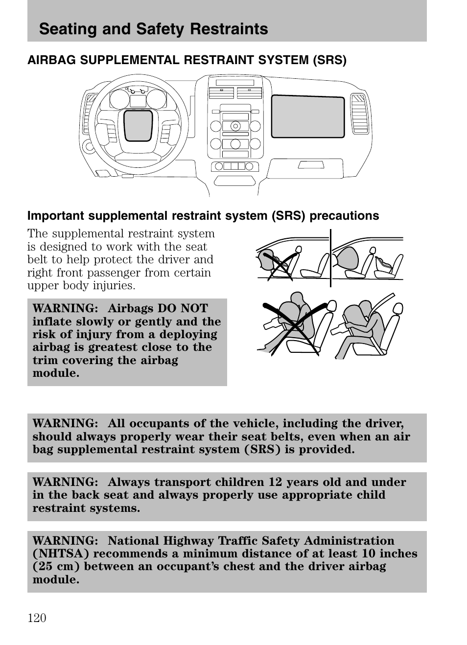 Airbag supplemental restraint system (srs), Seating and safety restraints | Mazda 2008 Tribute HEV User Manual | Page 120 / 312