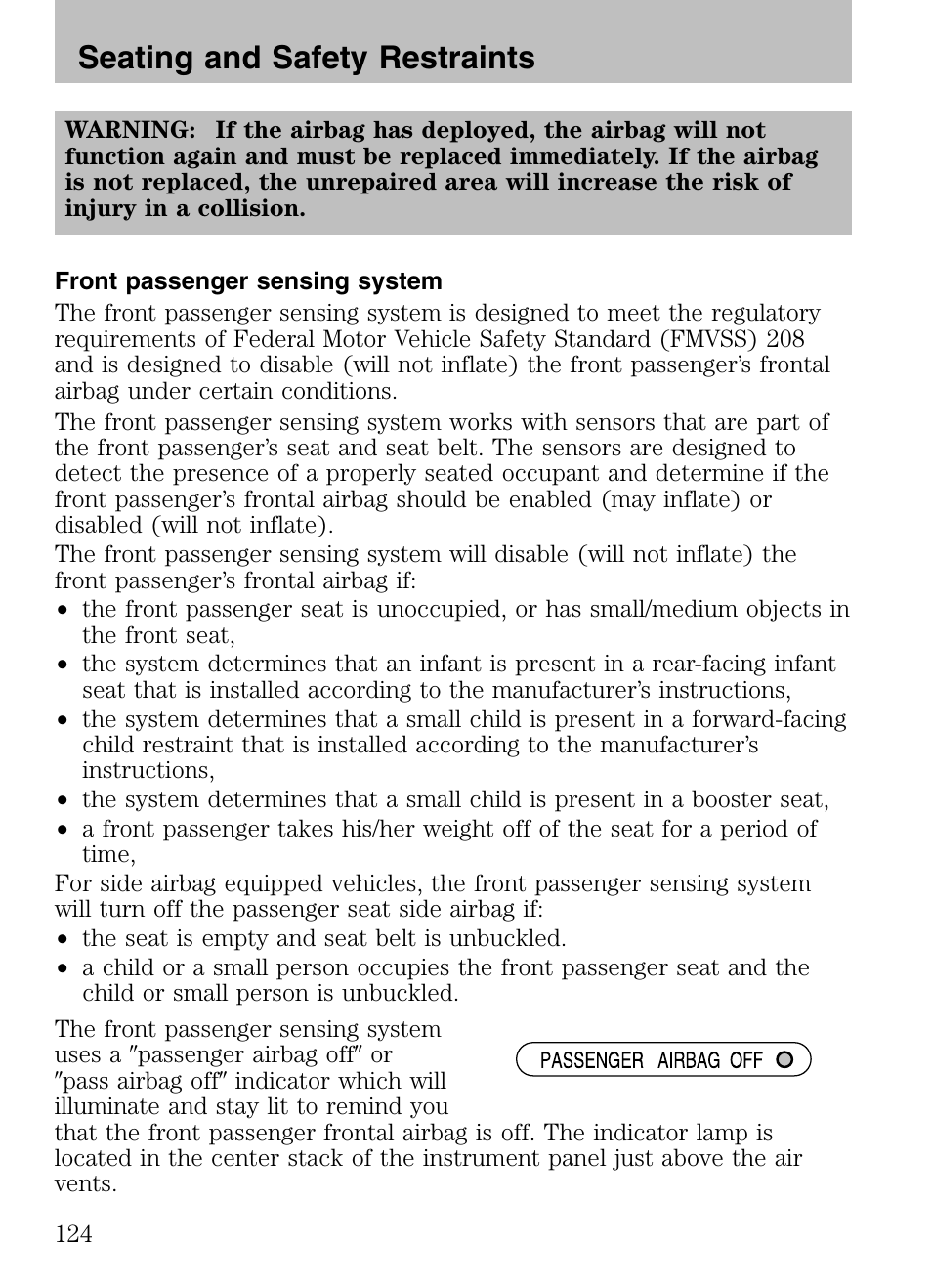 Front passenger sensing system, Seating and safety restraints | Mazda 2008 Tribute HEV User Manual | Page 124 / 312