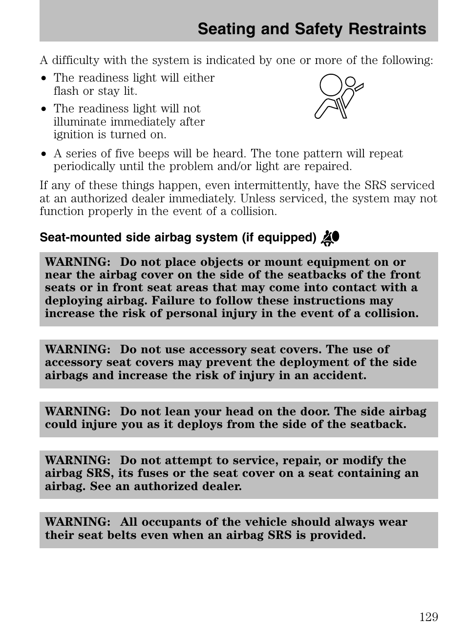 Seat-mounted side airbag system (if equipped), Seating and safety restraints | Mazda 2008 Tribute HEV User Manual | Page 129 / 312