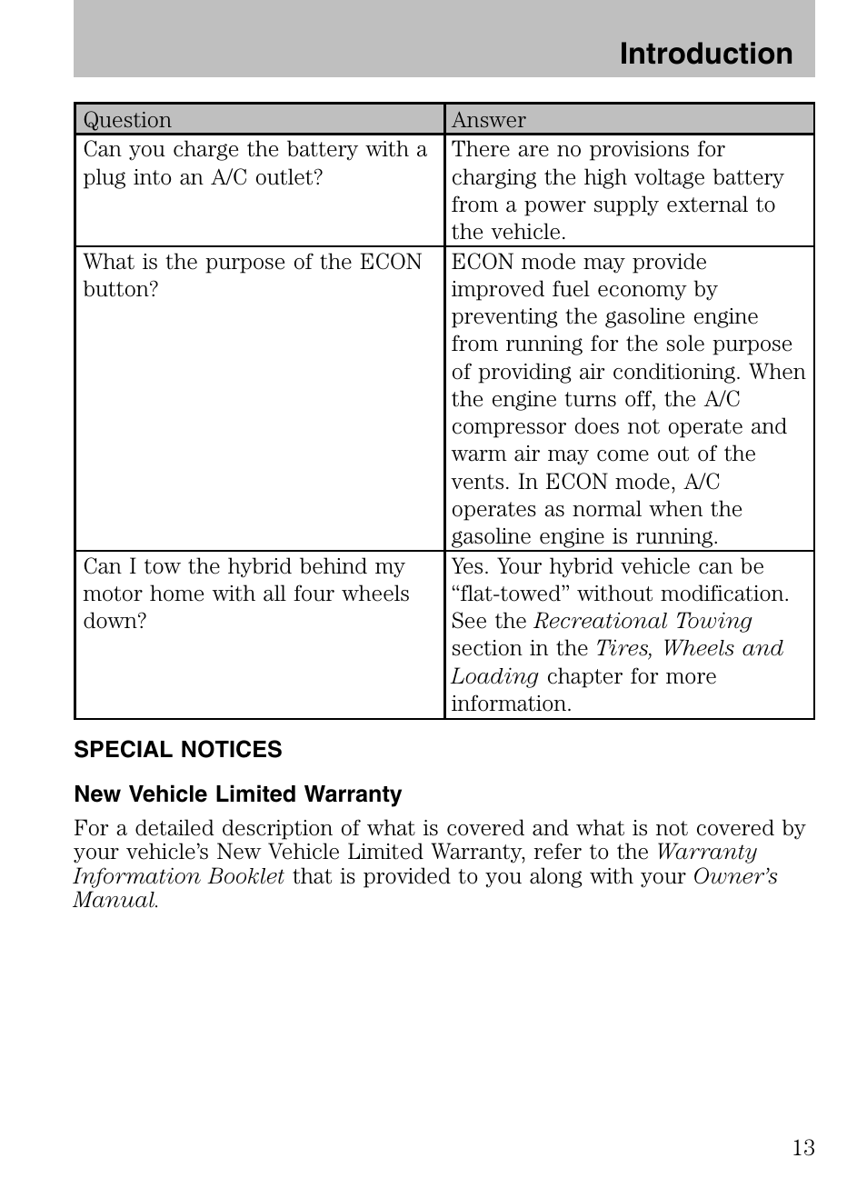 Special notices, New vehicle limited warranty, Introduction | Mazda 2008 Tribute HEV User Manual | Page 13 / 312