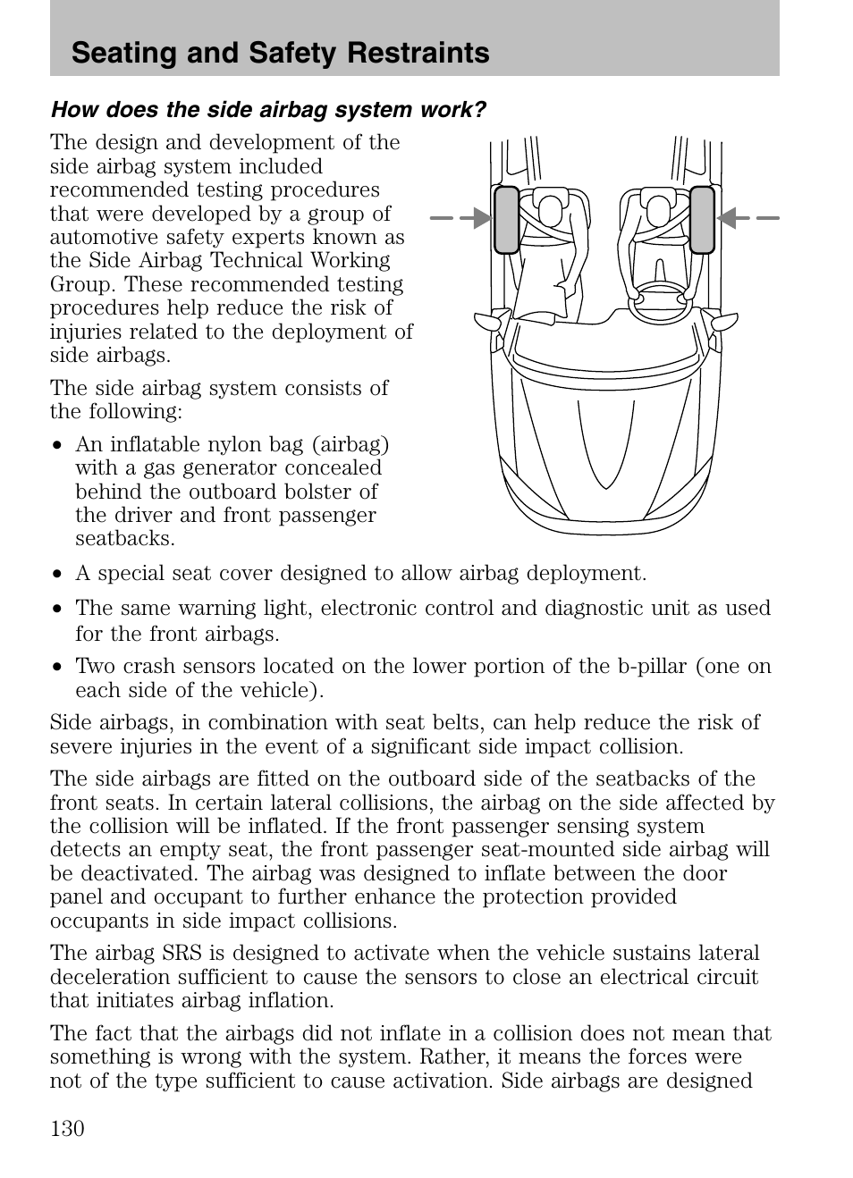 How does the side airbag system work, Seating and safety restraints | Mazda 2008 Tribute HEV User Manual | Page 130 / 312
