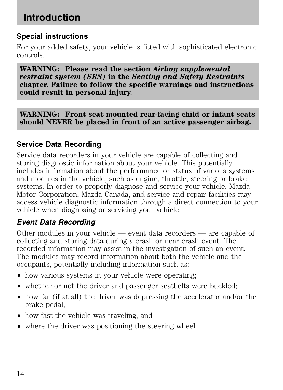 Special instructions, Service data recording, Event data recording | Introduction | Mazda 2008 Tribute HEV User Manual | Page 14 / 312