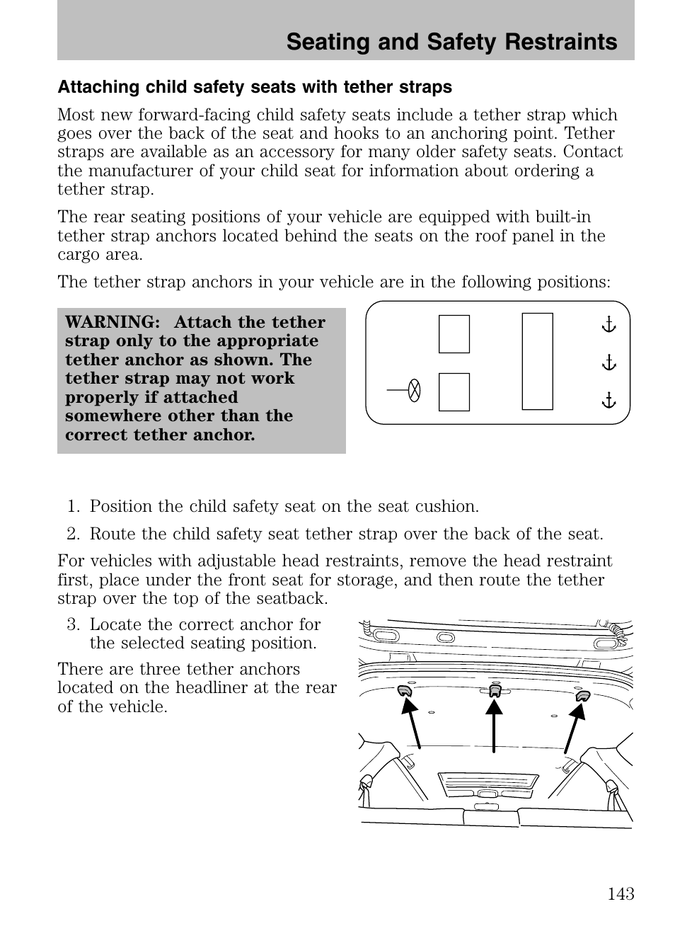 Attaching child safety seats with tether straps, Seating and safety restraints | Mazda 2008 Tribute HEV User Manual | Page 143 / 312
