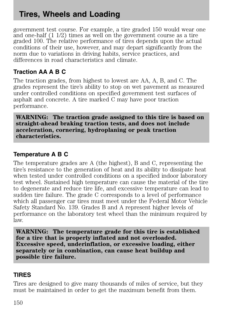 Traction aa a b c, Temperature a b c, Tires | Tires, wheels and loading | Mazda 2008 Tribute HEV User Manual | Page 150 / 312