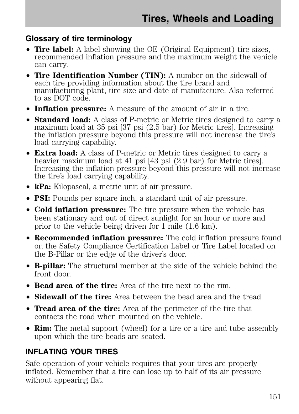 Glossary of tire terminology, Inflating your tires, Tires, wheels and loading | Mazda 2008 Tribute HEV User Manual | Page 151 / 312