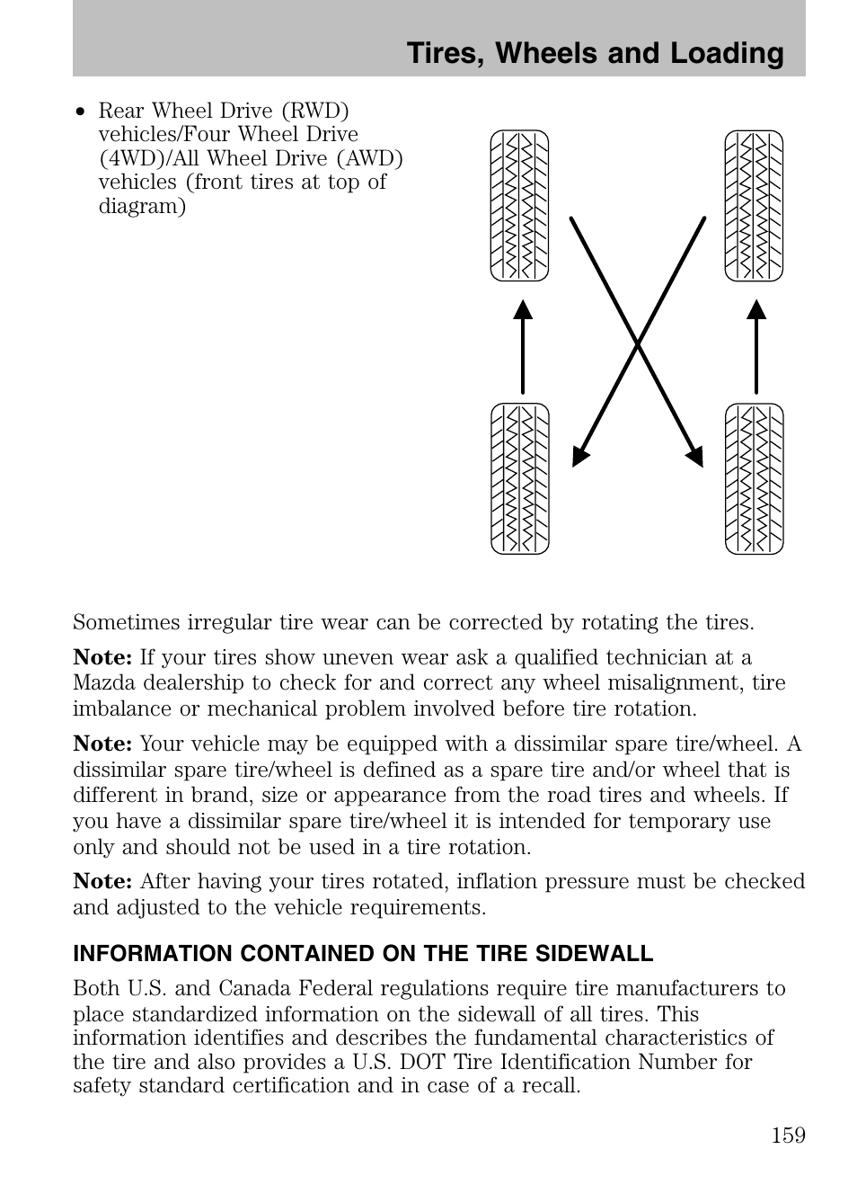 Information contained on the tire sidewall, Tires, wheels and loading | Mazda 2008 Tribute HEV User Manual | Page 159 / 312