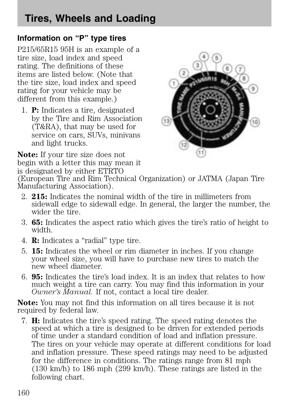 Information on “p” type tires, Tires, wheels and loading | Mazda 2008 Tribute HEV User Manual | Page 160 / 312