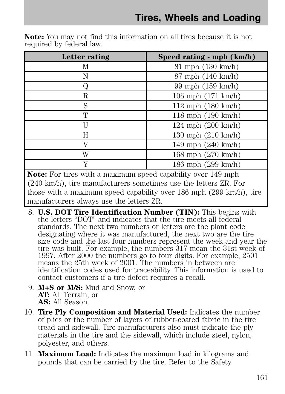 Tires, wheels and loading | Mazda 2008 Tribute HEV User Manual | Page 161 / 312