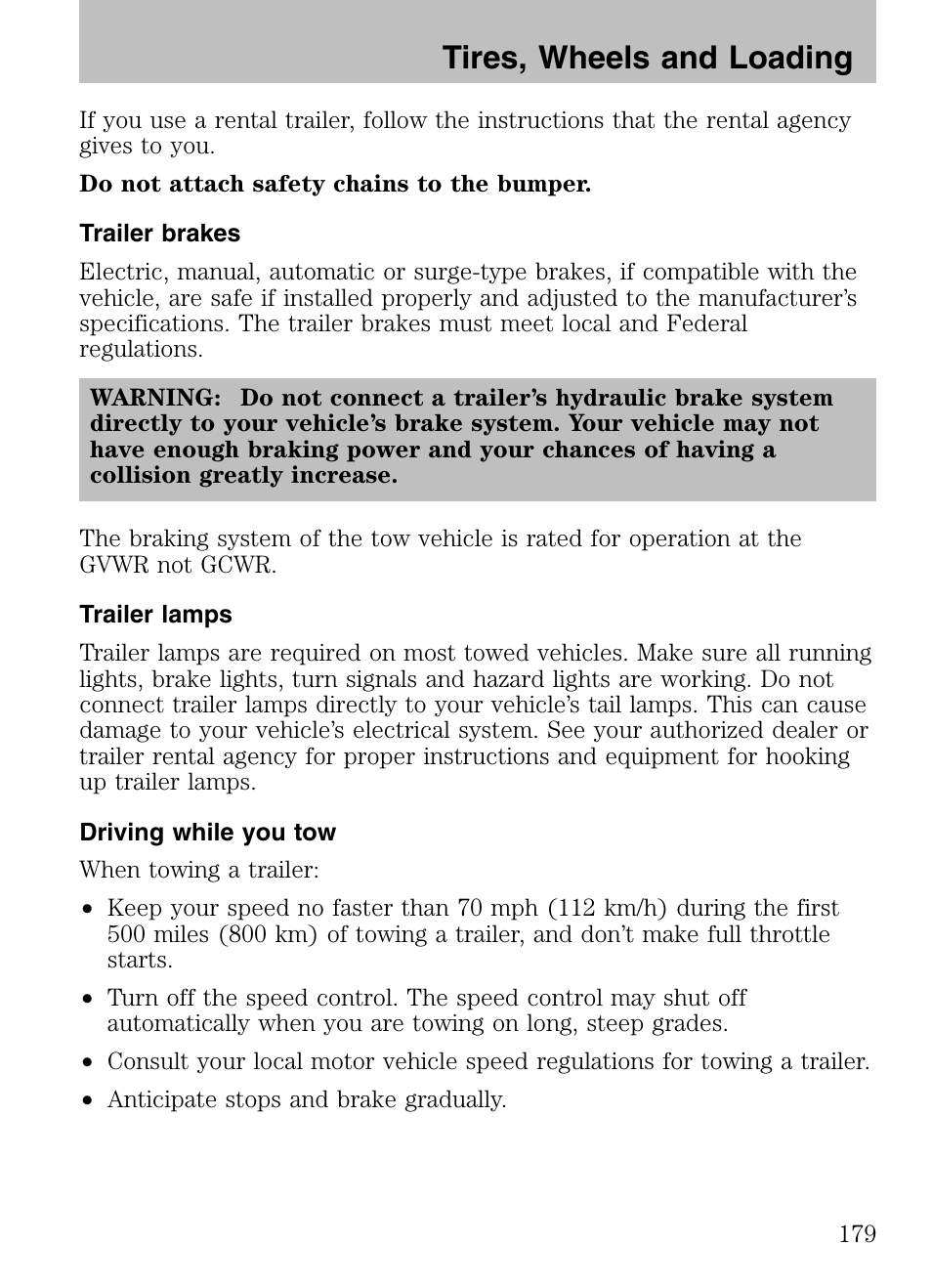 Trailer brakes, Trailer lamps, Driving while you tow | Tires, wheels and loading | Mazda 2008 Tribute HEV User Manual | Page 179 / 312