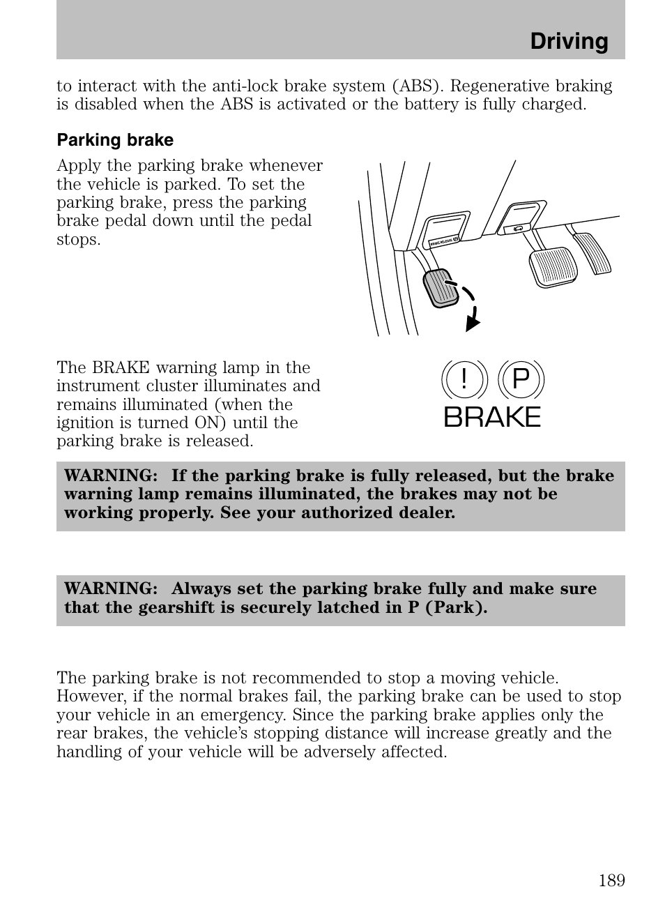 Parking brake, P! brake | Mazda 2008 Tribute HEV User Manual | Page 189 / 312