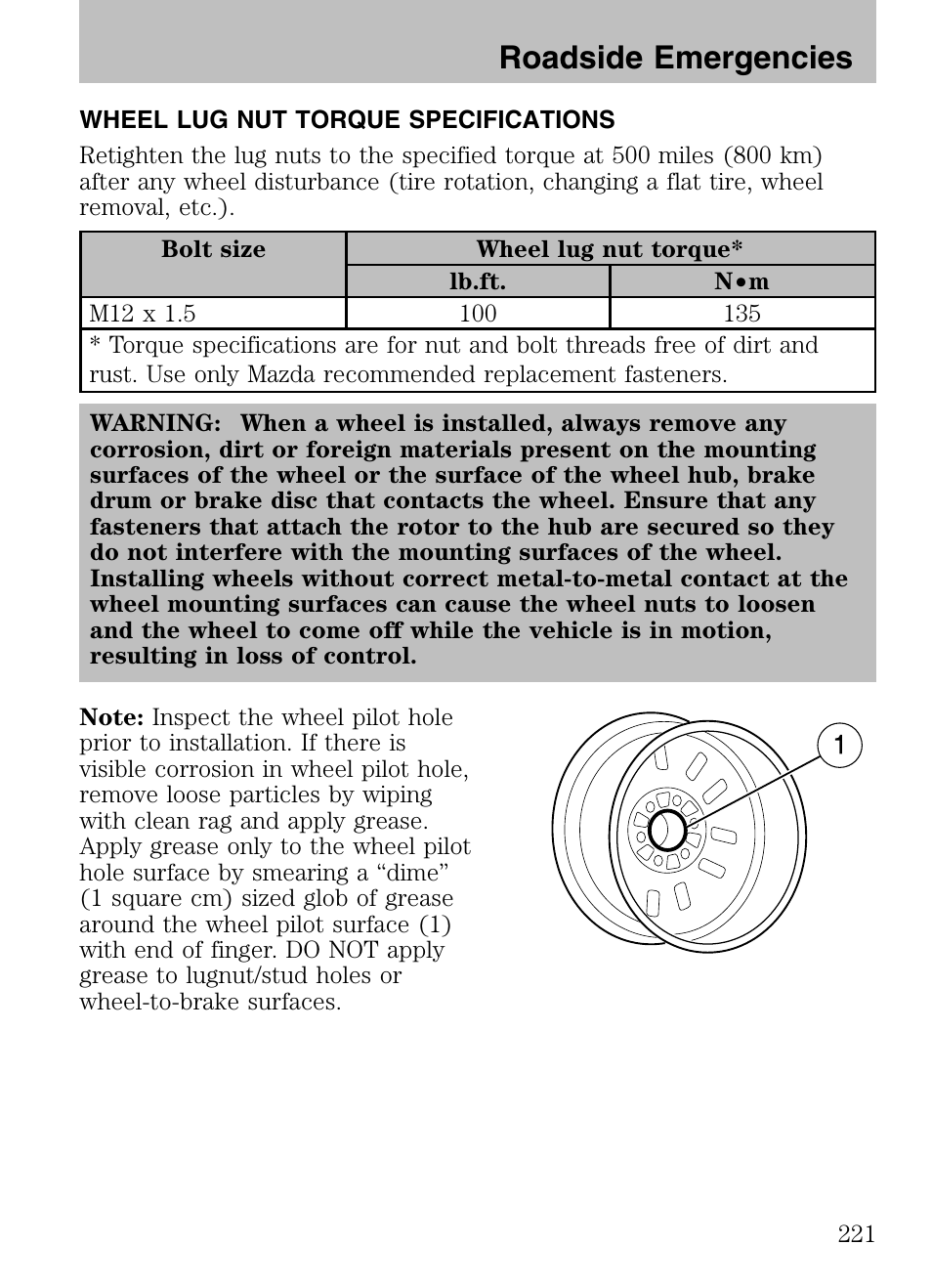 Wheel lug nut torque specifications, Roadside emergencies | Mazda 2008 Tribute HEV User Manual | Page 221 / 312