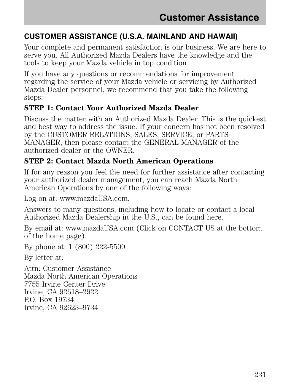 Customer assistance, Customer assistance (u.s.a. mainland and hawaii) | Mazda 2008 Tribute HEV User Manual | Page 231 / 312