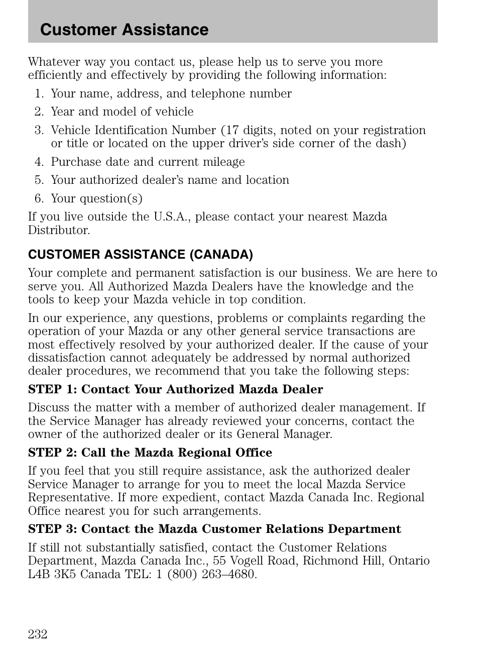Customer assistance (canada), Customer assistance | Mazda 2008 Tribute HEV User Manual | Page 232 / 312