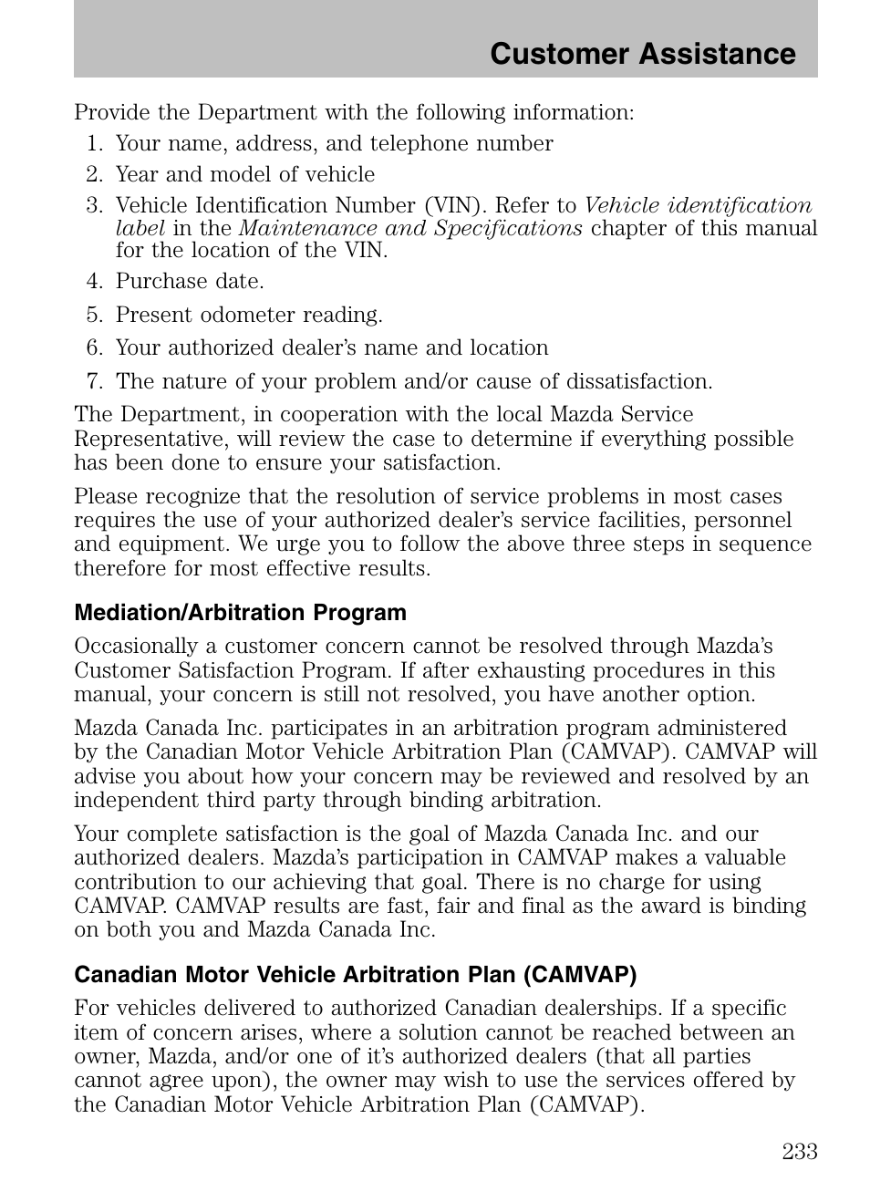 Mediation/arbitration program, Canadian motor vehicle arbitration plan (camvap), Customer assistance | Mazda 2008 Tribute HEV User Manual | Page 233 / 312