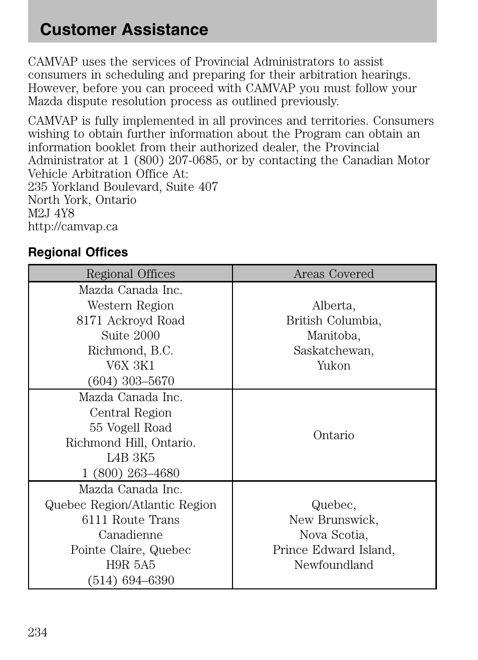 Regional offices, Customer assistance | Mazda 2008 Tribute HEV User Manual | Page 234 / 312