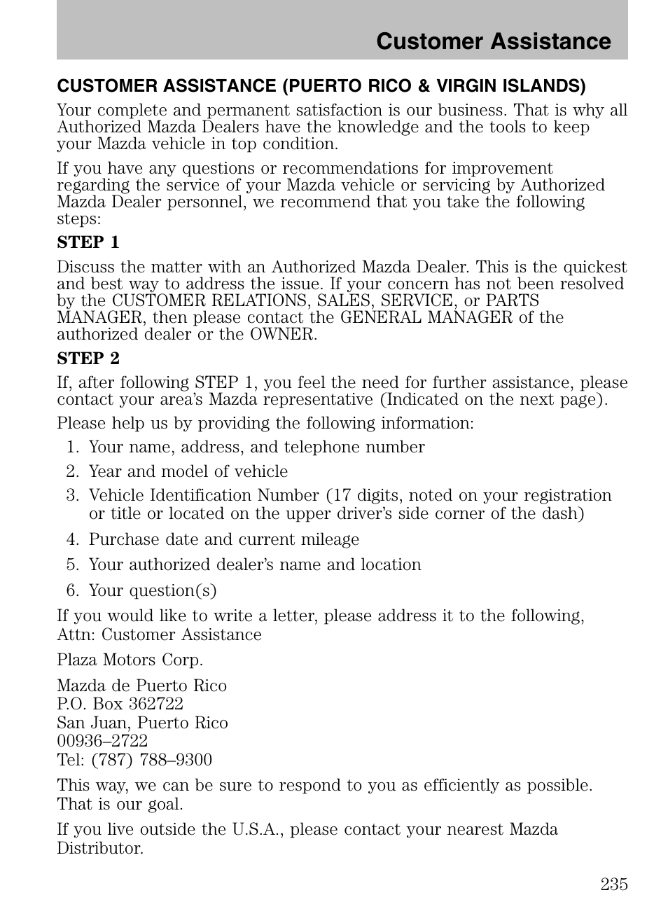 Customer assistance (puerto rico & virgin islands), Customer assistance | Mazda 2008 Tribute HEV User Manual | Page 235 / 312