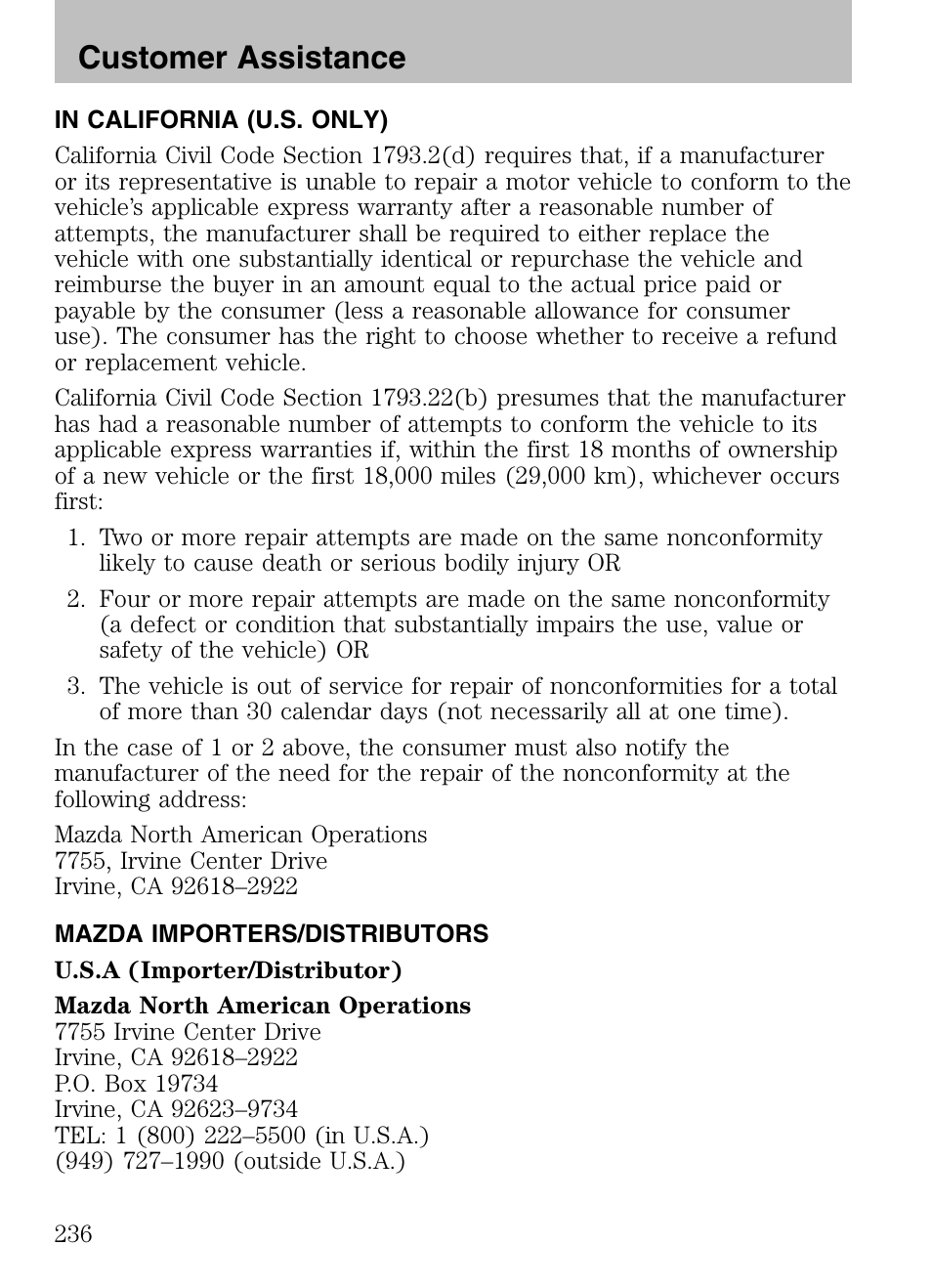 In california (u.s. only), Mazda importers/distributors, Customer assistance | Mazda 2008 Tribute HEV User Manual | Page 236 / 312