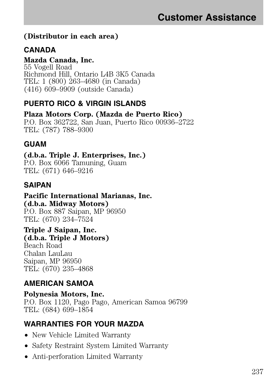 Canada, Puerto rico & virgin islands, Guam | Saipan, American samoa, Warranties for your mazda, Customer assistance | Mazda 2008 Tribute HEV User Manual | Page 237 / 312